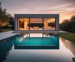 Fototapeta na wymiar Exterior of modern minimalist cubic villa with swimming pool at sunset.