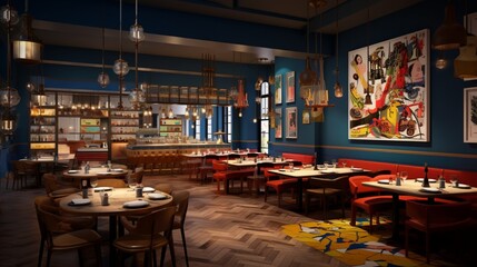 Design a composition that captures the allure of a trendy tapas bar, with small plates, a bustling atmosphere, and a lively crowd