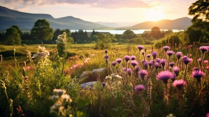 Design a composition that captures the allure of a wildflower meadow in the Scottish Highlands,...