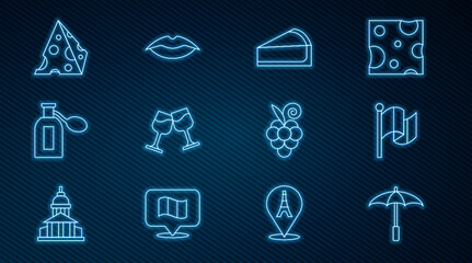 Set line Umbrella for beach, Flag France, Cherry cheesecake slice, Wine glass, Perfume, Cheese, Grape fruit and Smiling lips icon. Vector