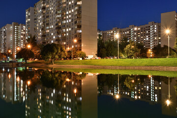 Night landscape with a pond in Zelenograd in Moscow. Russia