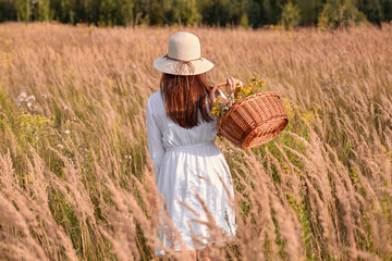 Woman Collecting Herbs in Meadow: Golden Hour Essence