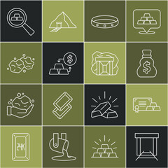 Set line Gold mine, bars with certificate, Old money bag, ring, exchange, nugget, and icon. Vector