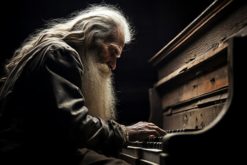 A musician playing a piano with long white hair