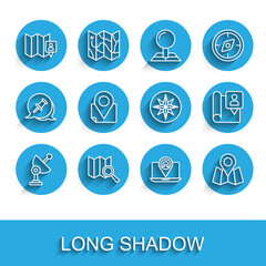 Set line Radar, Search location, Folded map with marker, City navigation, and Wind rose icon. Vector