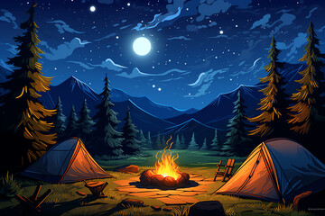 A cozy campfire surrounded by a lush forest