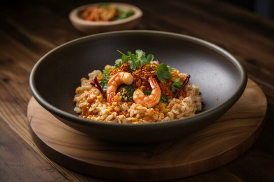 Wooden table hosts chili and parsley risotto paired with prawns. Generative AI