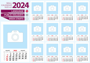 Wall calendar 2024 size A3, English language. Week start from Sunday.