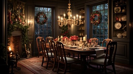 Fototapeta na wymiar Design a composition that showcases the timeless beauty of a colonial-style dining room with antique furniture and candlelit ambiance