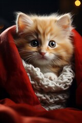 Photo of a cute kitten hiding under a cozy red blanket created with Generative AI technology