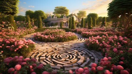 Design a high-resolution image of a garden labyrinth adorned with climbing roses, creating an...