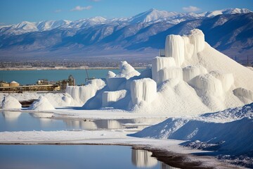 A landscape of Salt Lake City with a salt mining factory and piles of mineral on Lake Bonneville. Generative AI