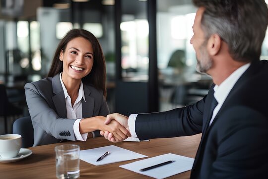 Happy professional mature Latin businessman and businesswoman wearing suits shake hands sitting at table having partnership business contract agreement. generative AI