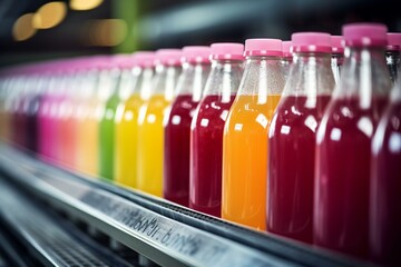 Bottles of refreshing beverages are lined up on a juice production line. Generative AI