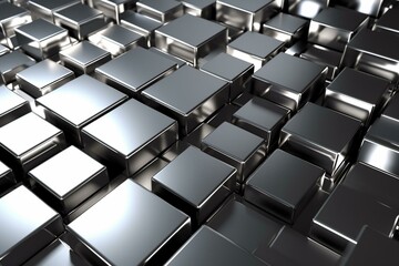 Polished silver tile wallpaper with luxurious 3D blocks on a square background. 3D rendered image. Generative AI