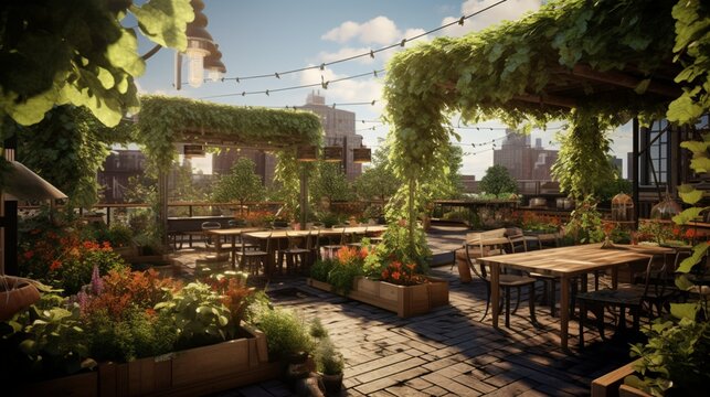Design a high-resolution image of a restaurant's rooftop garden, with fresh herbs, vegetables, and a sustainable approach to dining