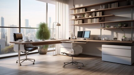 Fototapeta na wymiar Design a high-resolution image of a sleek and functional home office with a floating desk, ergonomic chair, and minimalist decor
