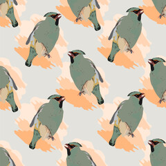 Seamless background with colorful birds on light background. Vector illustration.