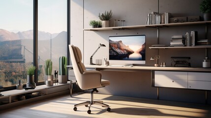 Design a high-resolution image of a sleek and functional home office with a floating desk, ergonomic chair, and minimalist decor