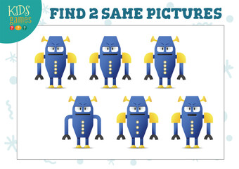 Find two same pictures kids game vector illustration. Activity for preschool children