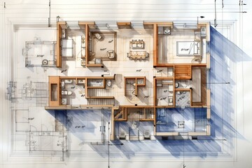 Top view blueprint of a compact house marked with measurements. Generative AI