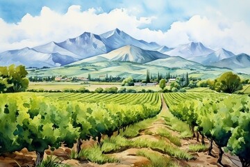 Beautiful watercolor depiction of lush vineyards and majestic mountains. Perfect artwork for vineyard enthusiasts. Generative AI