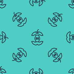 Black line Apple core icon isolated seamless pattern on green background. Bitten apple symbol. Apple stub silhouette. Biodegradable garbage sign. Vector
