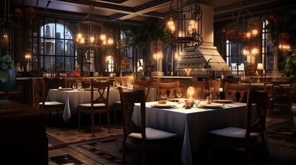 Fototapeta na wymiar Design a realistic scene of an upscale restaurant dining area with linen-covered tables, fine china, and diners enjoying a gourmet meal