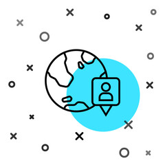 Black line Location on the globe icon isolated on white background. World or Earth sign. Random dynamic shapes. Vector