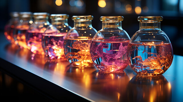 Neon, contrast flasks on the table in laboratory. luminophore