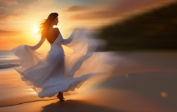 Silhouette d'une femme dansant au soleil couchant.