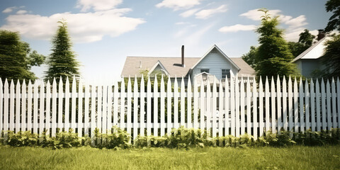 Fototapeta na wymiar Classic white picket fence surrounds a cute country cottage. Sunny day, cozy countryside, classic exterior. 