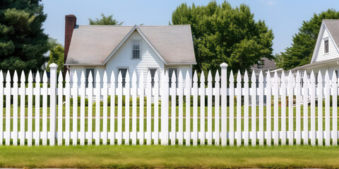 Classic white picket fence surrounds a cute country cottage. Sunny day, cozy countryside, classic...