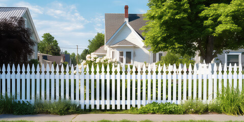 Fototapeta na wymiar Classic white picket fence surrounds a cute country cottage. Sunny day, cozy countryside, classic exterior. 