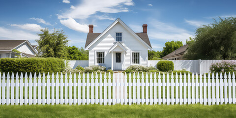 Classic white picket fence surrounds a cute country cottage. Sunny day, cozy countryside, classic...