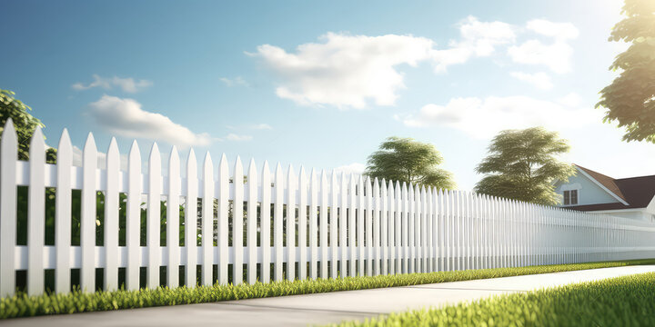 Classic white picket fence surrounds a cute country cottage. Sunny day, cozy countryside, classic exterior. 