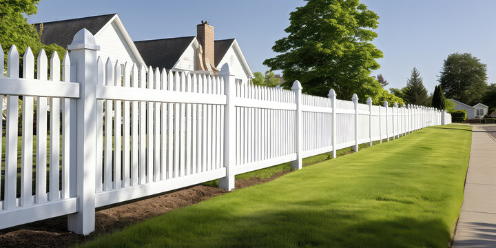 Classic white picket fence surrounds a cute country cottage. Sunny day, cozy countryside, classic exterior. 