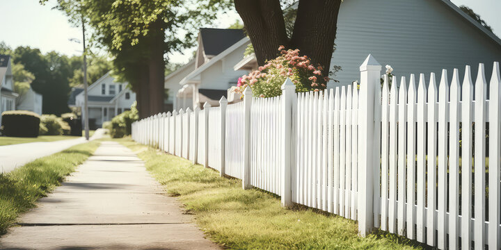Classic white picket fence surrounds a cute country cottage. Sunny day, cozy countryside, classic exterior. 