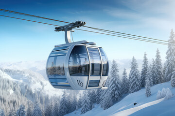 Obraz premium New modern cabin ski lift gondola against snowcapped forest tree and mountain peaks in luxury winter resort. Winter leisure sports, recreation and travel.