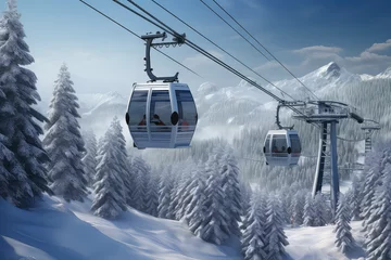 Poster Im Rahmen New modern cabin ski lift gondola against snowcapped forest tree and mountain peaks in luxury winter resort. Winter leisure sports, recreation and travel. © dinastya