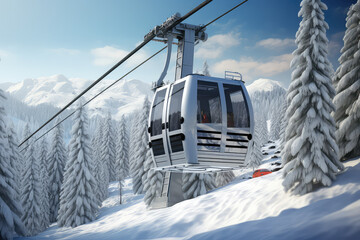 New modern cabin ski lift gondola against snowcapped forest tree and mountain peaks in luxury winter resort. Winter leisure sports, recreation and travel. - obrazy, fototapety, plakaty