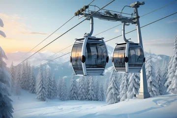 Photo sur Plexiglas Gondoles New modern cabin ski lift gondola against snowcapped forest tree and mountain peaks in luxury winter resort. Winter leisure sports, recreation and travel.