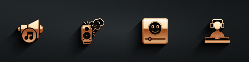 Set Speaker volume, Stereo speaker, Music player and DJ playing music icon with long shadow. Vector