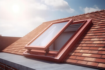 Open ventilation waterproof rooftop window exterior. Roof with red brick tiles. European city, modern mansard, roof window service concept. 3d render style. 