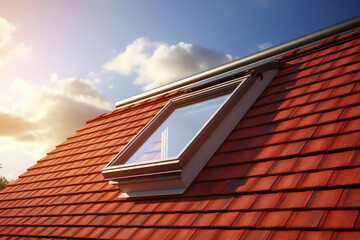 Open ventilation waterproof rooftop window exterior. Roof with red brick tiles. European city, modern mansard, roof window service concept. 3d render style. 