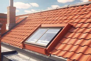 Open ventilation waterproof rooftop window exterior. Roof with red brick tiles. European city, modern mansard, roof window service concept. 3d render style. 