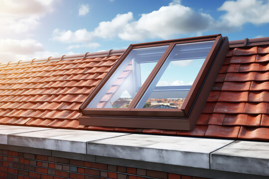 Open ventilation waterproof rooftop window exterior. Roof with red brick tiles. European city, modern mansard, roof window service concept. 3d render style. 