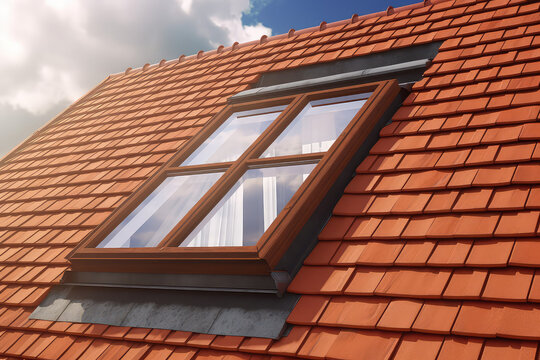 Open ventilation waterproof rooftop window exterior. Roof with red brick tiles. European city, modern mansard, roof window service concept. 3d render style. 