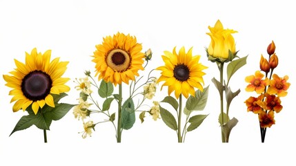 A set of flowers tulip and sunflower, against isolated white background