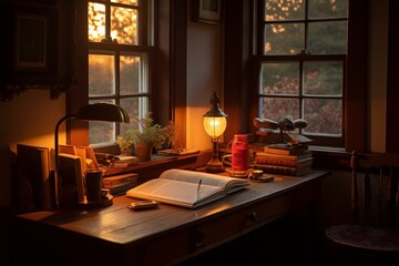 Fototapeta na wymiar A cozy window desk with books, lamp, and book case, and a cheery candle on the sill. Generative AI